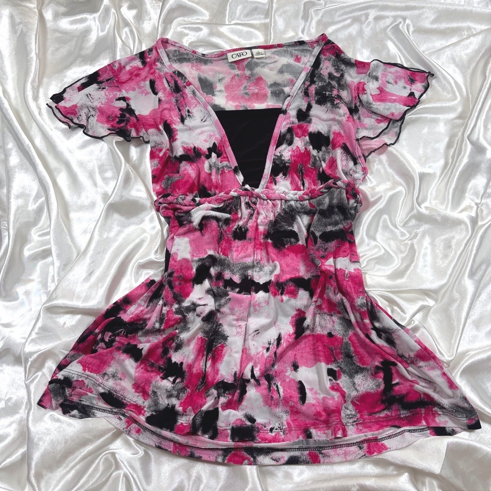 y2k Cato Top Pink Excellent Abstract Flutter Sleeve Empire Waist Blouse L